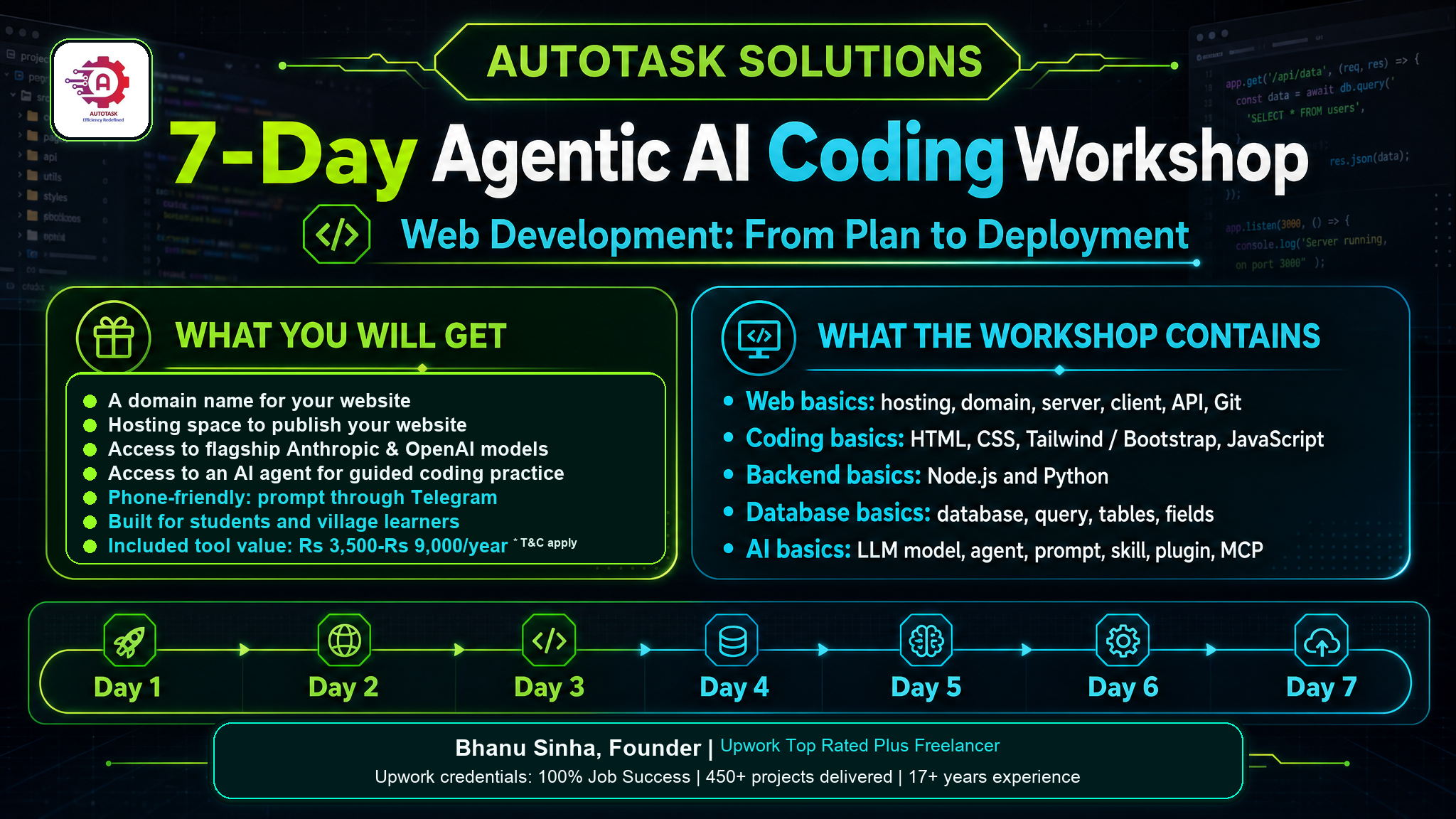 Automagica LLP 7-Day Agentic AI Coding Workshop infographic showing what students will get, workshop contents, day-by-day plan, and Upwork credentials.